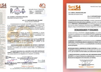 La Sección 54 del SNTE manifiesta su inconformidad por los malos servicios del ISSSTESON. Entrega escrito a la Gobernadora  del Estado y publica manifiesto