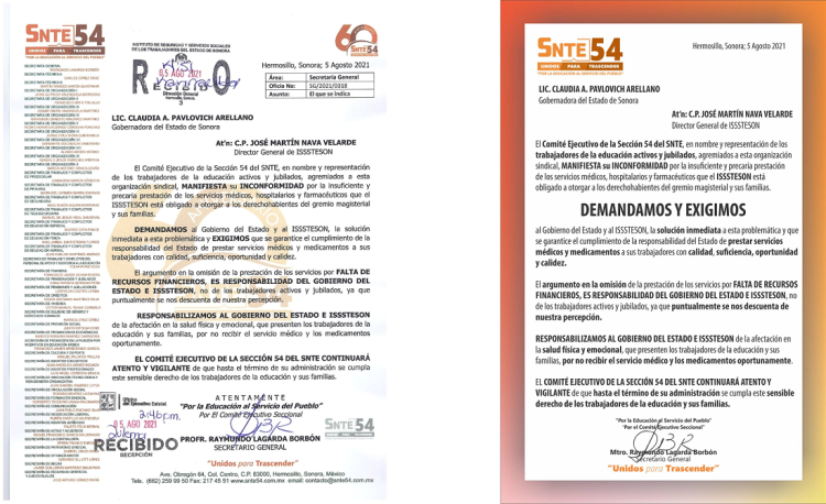 La Sección 54 del SNTE manifiesta su inconformidad por los malos servicios del ISSSTESON. Entrega escrito a la Gobernadora  del Estado y publica manifiesto