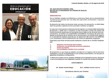 Los senadores electos, Rubén Rocha Moya e Imelda Castro Castro, solicitan al Rector de la UAS, se realice una auditoría académica en aras de la transparencia del proceso de ingreso a la Universidad Autónoma de Sinaloa