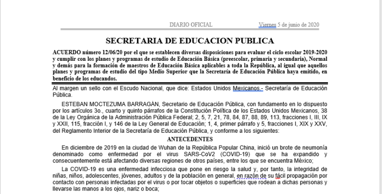 El ciclo escolar 2019-2020 termina el 19 de junio del presente año, informa la SEP. Publica acuerdo para evaluar aprendizajes