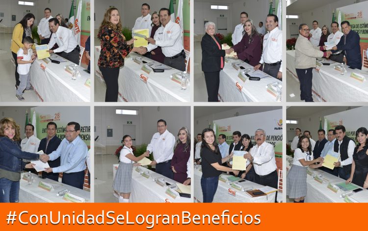 Entrega de estímulos por retiro, nivelación de pensión y becas a hijos de trabajadores de la Sección 28 del SNTE