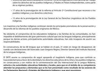  Pronunciamiento del SNTE con motivo del Día Internacional de la Lengua Materna