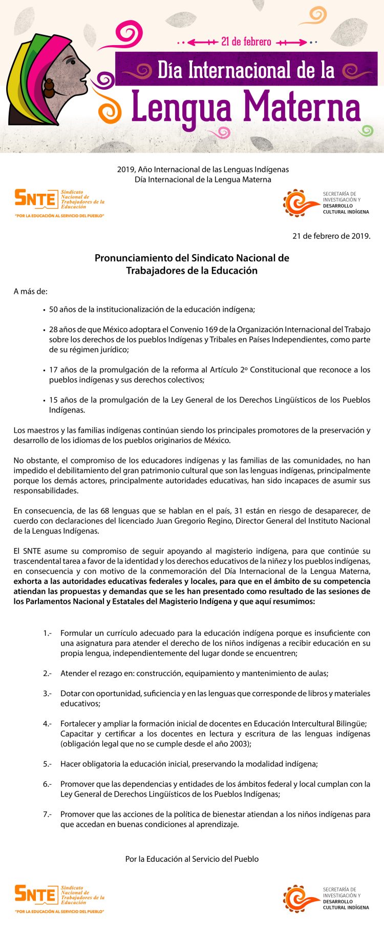  Pronunciamiento del SNTE con motivo del Día Internacional de la Lengua Materna