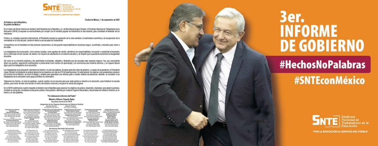 El SNTE reafirma su respaldo al Gobierno de la República, con motivo del Tercer Informe del Presidente Andrés Manuel López Obrador