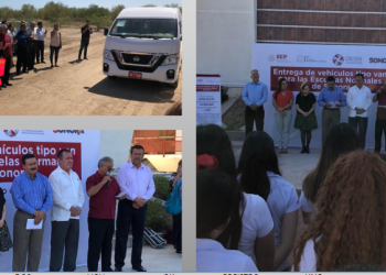 Con la presencia de secretarios generales de las Secciones 28 y 54 del SNTE, César Adalberto Salazar López y Raymundo Lagarda Borbón, entregan SEC y CRESON camionetas a Escuelas Normales