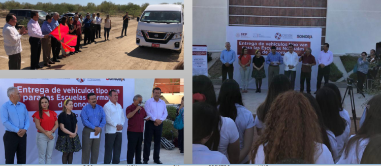 Con la presencia de secretarios generales de las Secciones 28 y 54 del SNTE, César Adalberto Salazar López y Raymundo Lagarda Borbón, entregan SEC y CRESON camionetas a Escuelas Normales