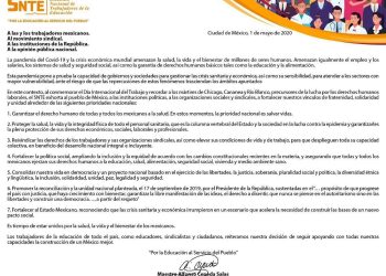 Con motivo del Día del Trabajo, el SNTE dio a conocer un pronunciamiento en el que destaca que es tiempo de estar unidos por la salud, la vida y el bienestar de los mexicanos