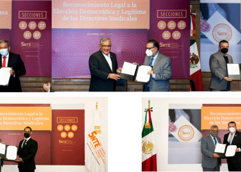 El líder del SNTE, Alfonso Cepeda Salas, entrega a nuevos dirigentes seccionales la Toma de Nota emitida por el TFCA