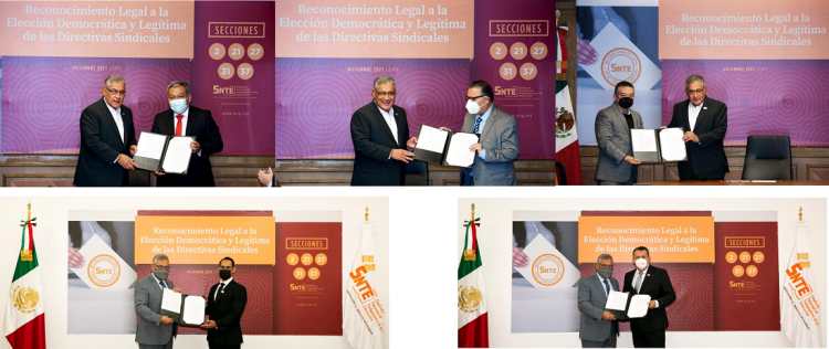 El líder del SNTE, Alfonso Cepeda Salas, entrega a nuevos dirigentes seccionales la Toma de Nota emitida por el TFCA