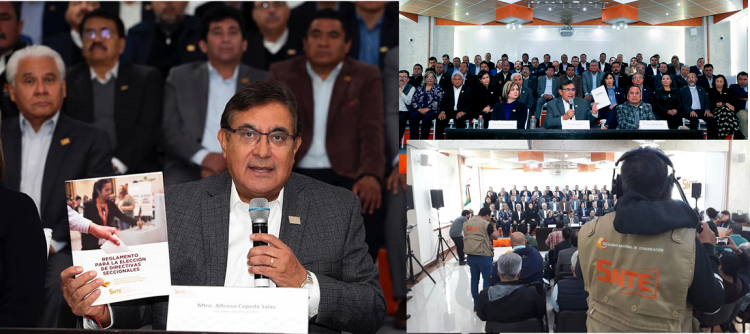 En conferencia de prensa, el secretario general del SNTE, Alfonso Cepeda Salas, hace público el Reglamento para la Elección de Directivas Seccionales
