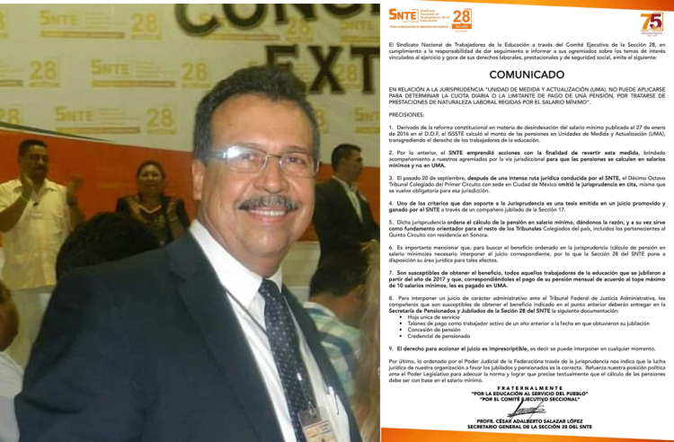 La Sección 28 del SNTE explica en un comunicado, la Jurisprudencia relativa a la UMA y las acciones a seguir para obtener el beneficio ordenado en la misma