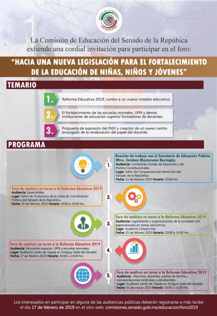 La Comisión de Educación del Senado de la República, que preside el senador Rubén Rocha Moya, invita al Foro “Hacia una nueva legislación para el fortalecimiento de la educación de niñas, niños y jóvenes”
