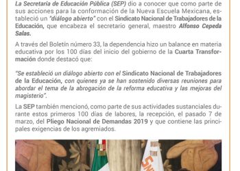 La SEP dio a conocer que como parte de sus acciones para la conformación de la Nueva Escuela Mexicana, estableció un “diálogo abierto” con el SNTE, que encabeza el secretario general, maestro Alfonso Cepeda Salas