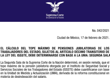 La Segunda Sala de la SCJN determinó que el tope máximo de la pensión jubilatoria otorgada por el ISSSTE debe cuantificarse con base en la UMA