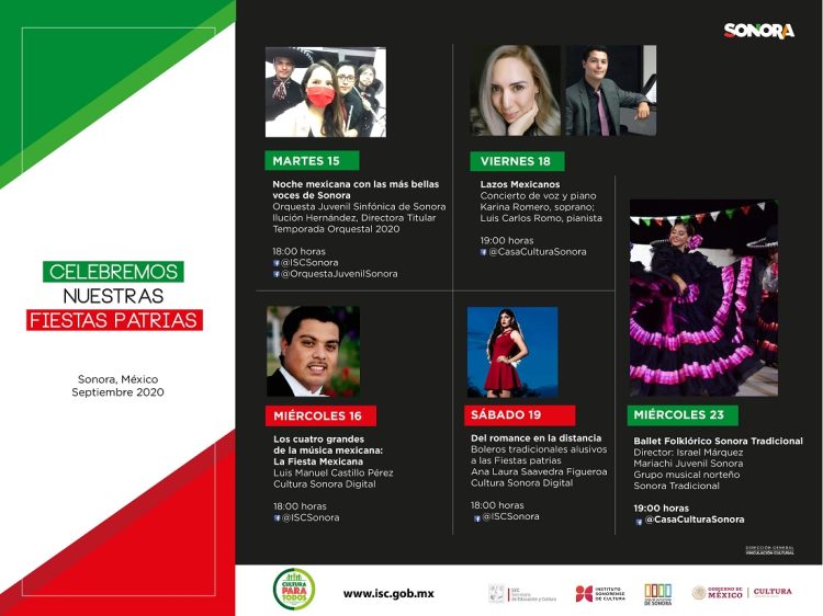 Ofrece el Instituto Sonorense de Cultura cuatro conciertos y un espectáculo de danza folclórica en línea, entre el 15 y el 23 de septiembre,  para celebrar Fiestas Patrias   