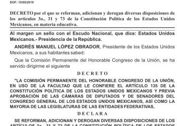 Se publicó ayer en el Diario Oficial de la Federación el decreto de reforma constitucional en materia educativa. Entra en vigor hoy jueves